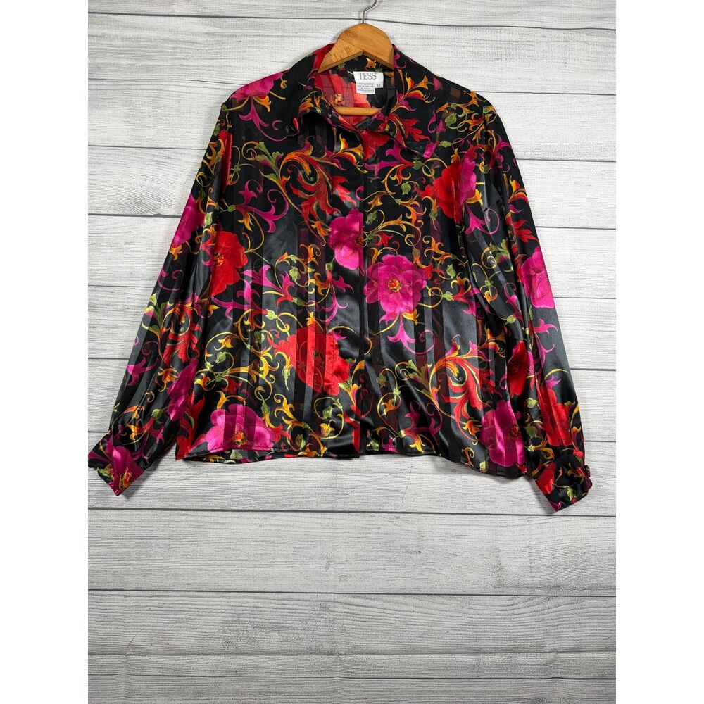 Vintage TESS Women’s 12 Black Sheer Floral Stripe Button Down Blouse 4179